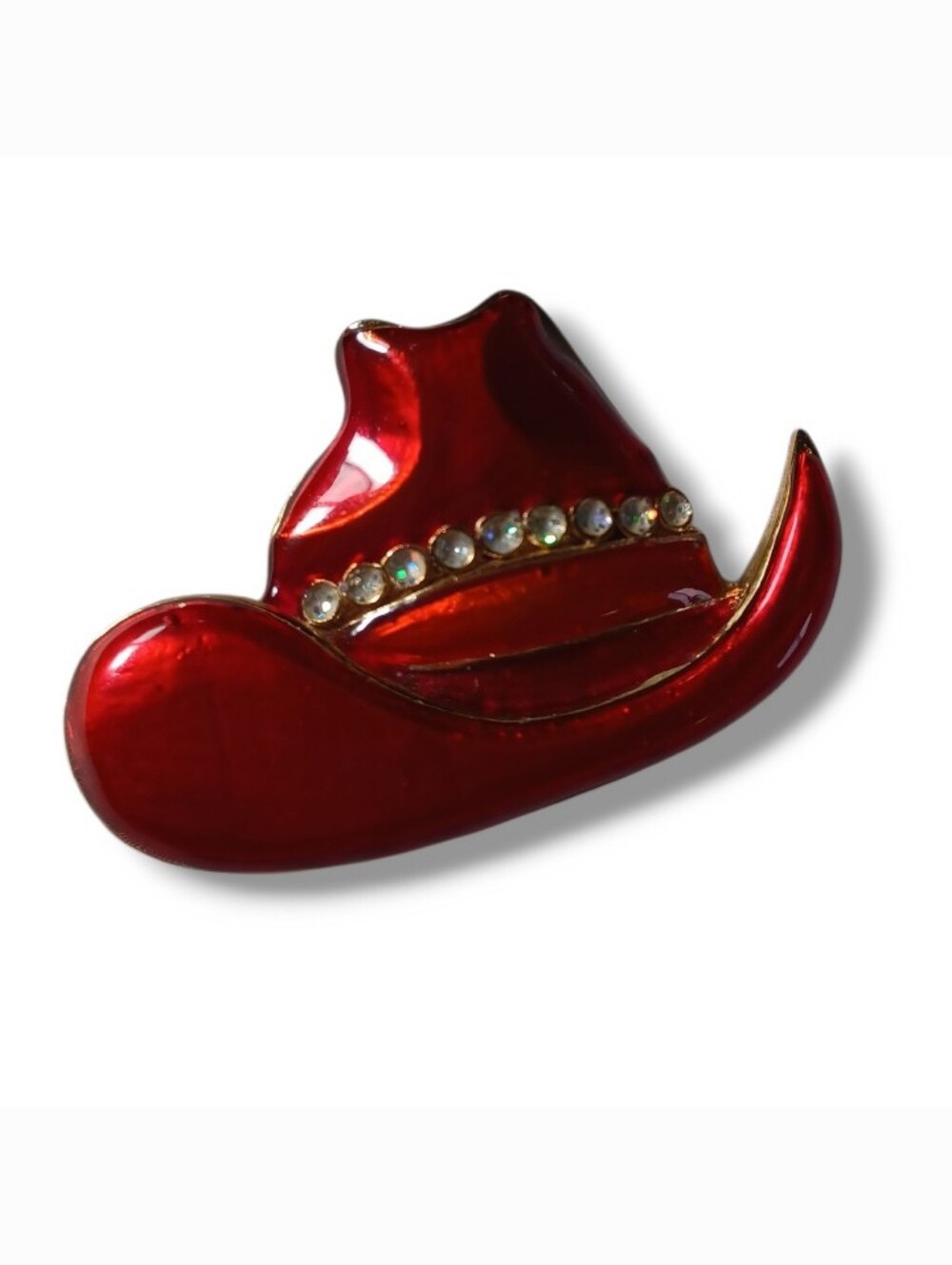 Vintage Red Enamel Rhinestone Cowgirl Hat Brooch Pin Cowboy nWestern 2 Inch